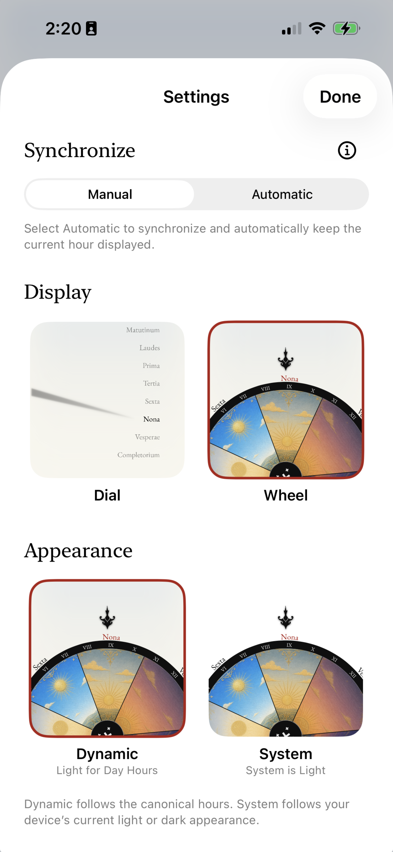 Display, hour selector, and appearance settings in Hours.
