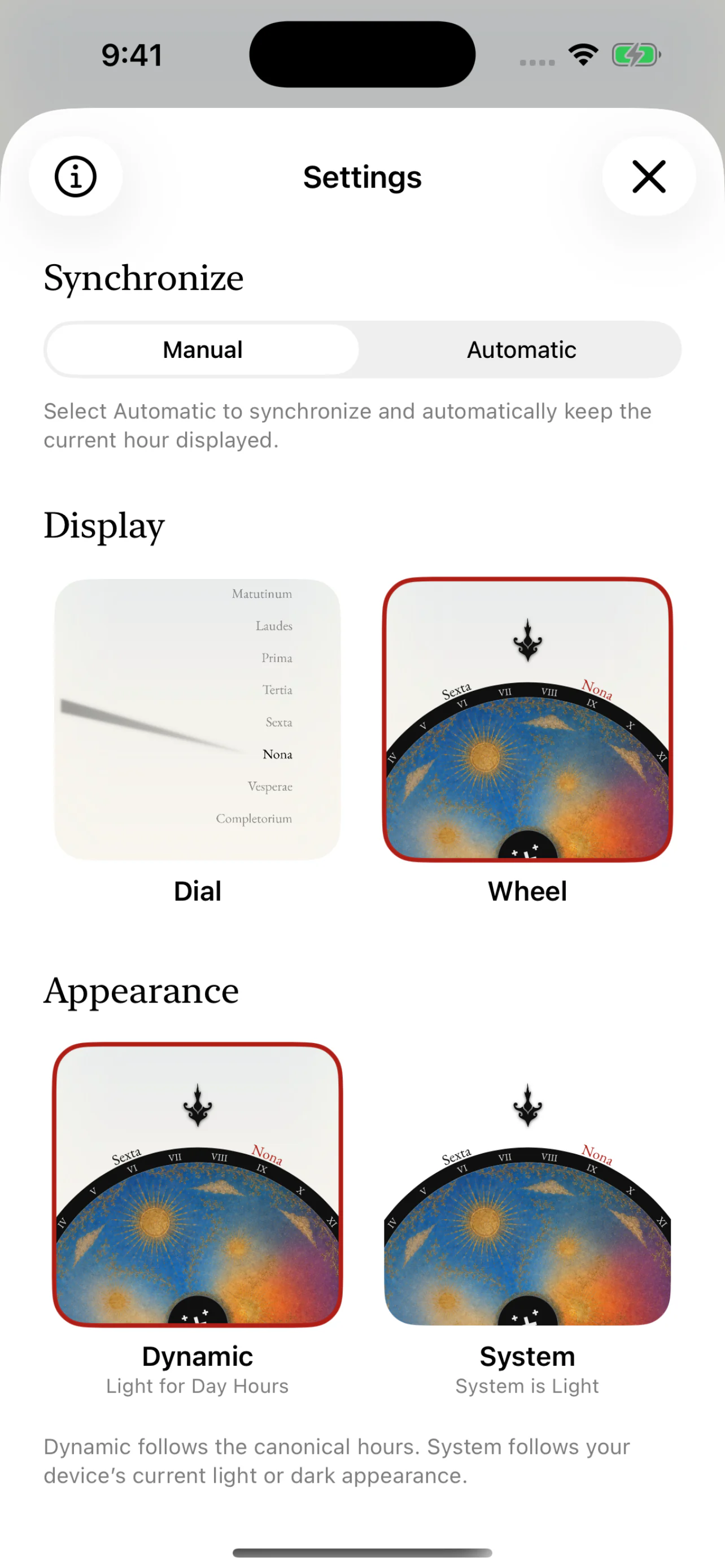 Display, hour selector, and appearance settings in Hours.