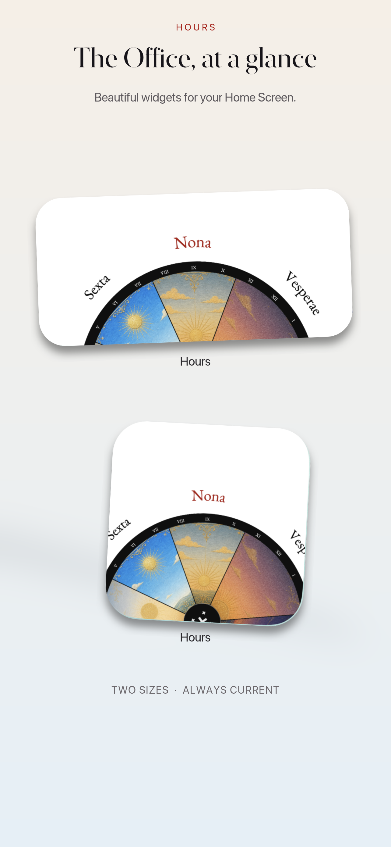 Hours Home Screen widgets in two sizes.