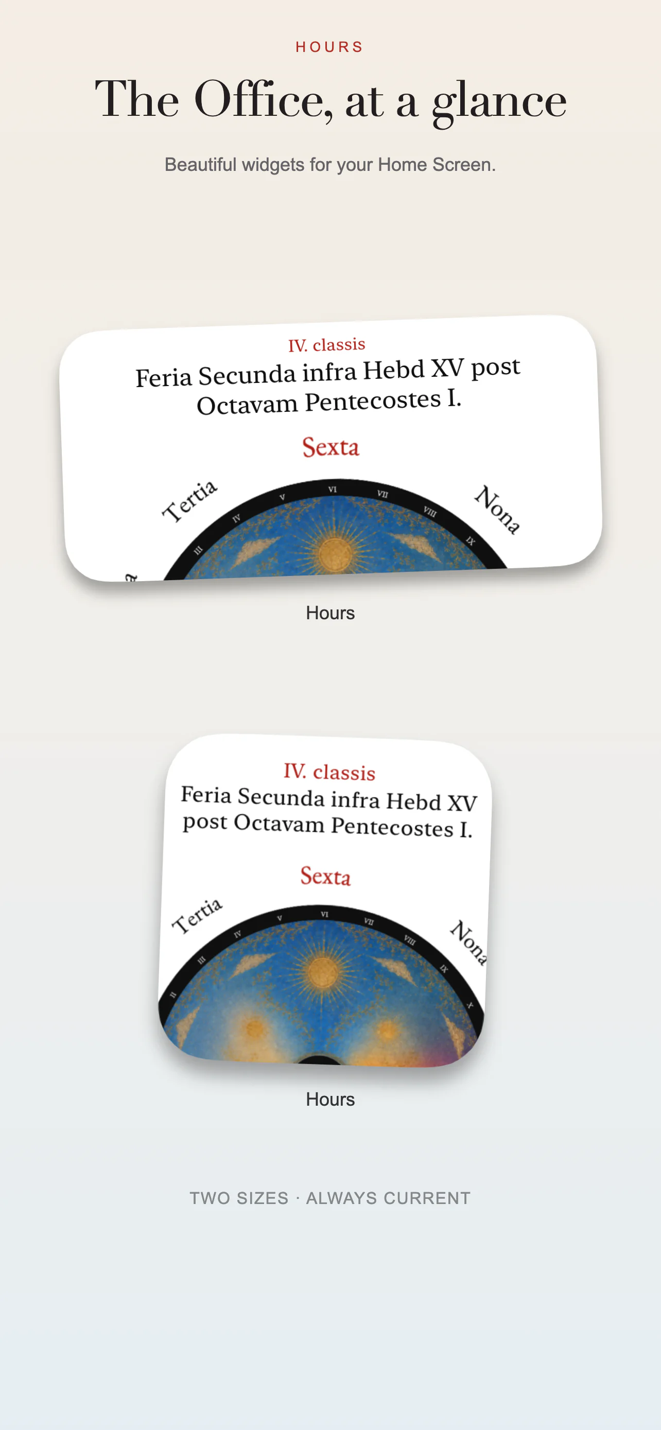 Hours Home Screen widgets in two sizes.